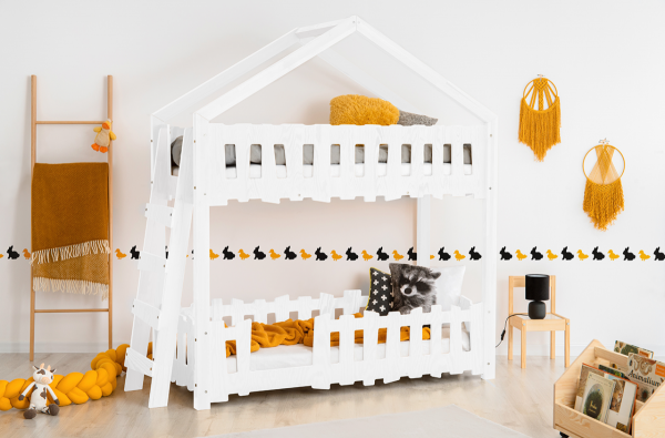 Poschodové postele /  Detská poschodová posteľ domček biela so zábranou ZIPPO B 
