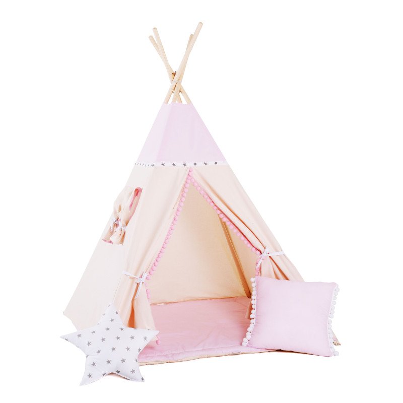 Detské stany, teepee /  Detský teepee stan Princess pompom + podložka, dekoračné vankúšiky 