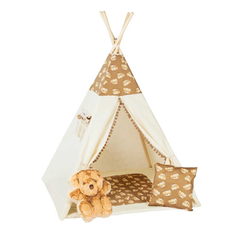 Detské stany, teepee /  Detský teepee stan Teddy bear pompom + podložka, dekoračné vankúšiky 