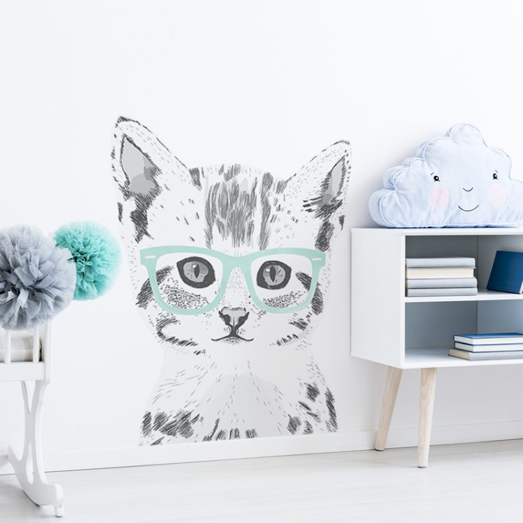 Zvieratá /  Nálepka na stenu Animals - mačička v okuliaroch DK234 