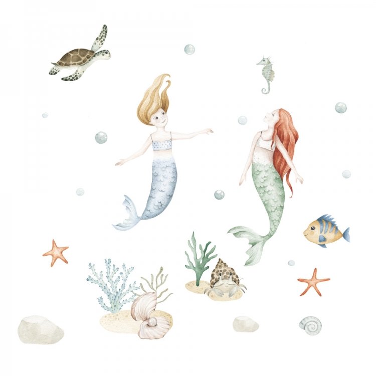Oceán - Podmorský svet /  Nálepka na stenu Ocean - morské panny, ryby, korytnačka, hviezdica, kamene a rastliny DK443 
