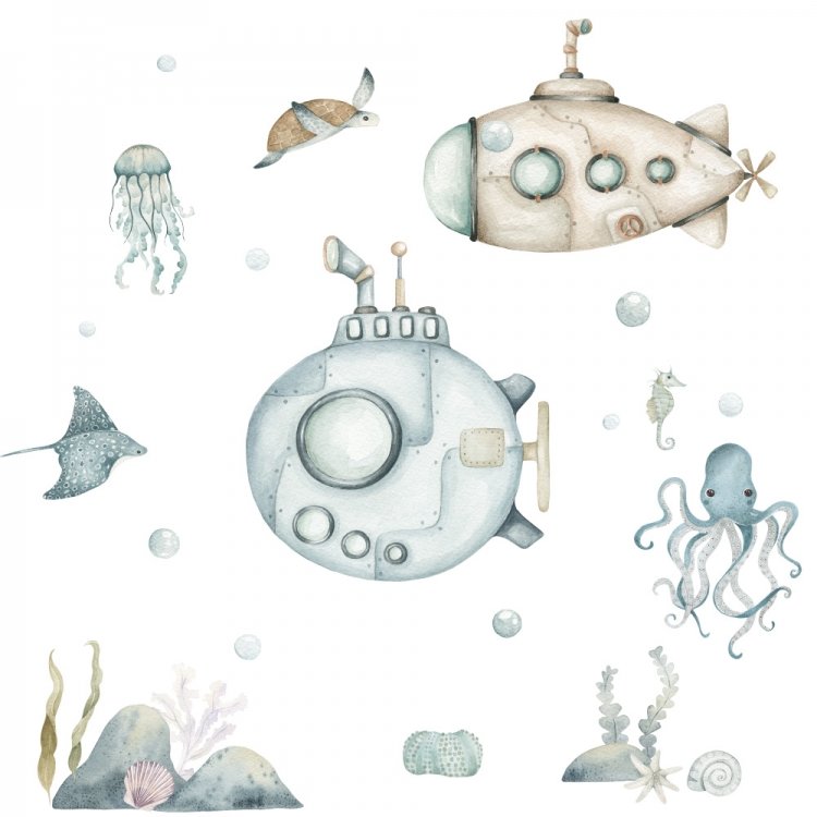 Oceán - Podmorský svet /  Nálepka na stenu Ocean - ponorky, podmorský svet, rastliny DK442 