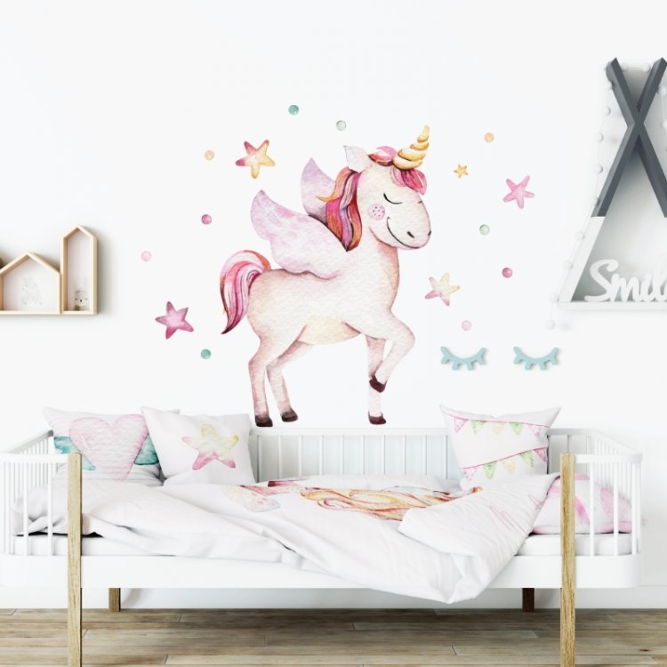 Zvieratá /  Nálepka na stenu Unicorn - jednorožec, hviezdičky a guličky DK268 