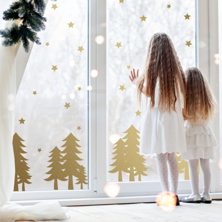 Vianoce /  Nálepka na stenu Christmas - stromčeky a hviezdičky SW020 