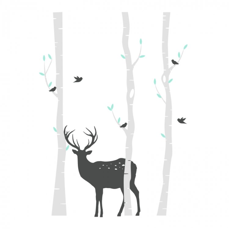 Príroda, kvety, stromy /  Nálepka na stenu Deer - stromy, jelenček a vtáčiky HD037 