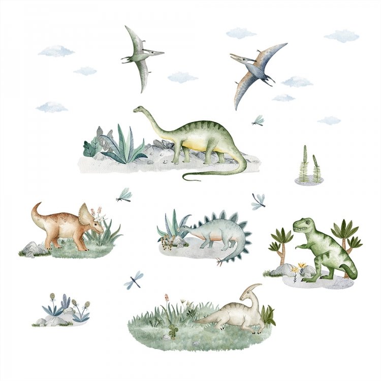 Zvieratá /  Nálepka na stenu Dino - dinosaury, kamene, oblaky, vážky a tráva DK396 