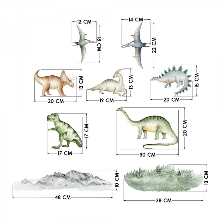 Zvieratá /  Nálepka na stenu Dino - dinosaury, kamene, oblaky, vážky a tráva DK396 