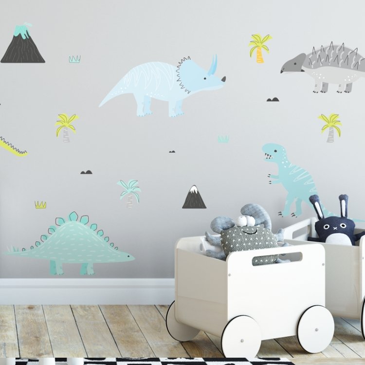 Zvieratá /  Nálepka na stenu Dino - dinosaury, sopky, oblaky a palmy DK291 