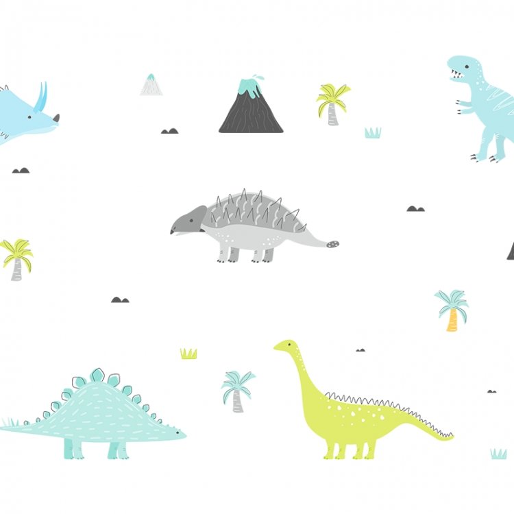 Zvieratá /  Nálepka na stenu Dino - dinosaury, sopky, oblaky a palmy DK291 