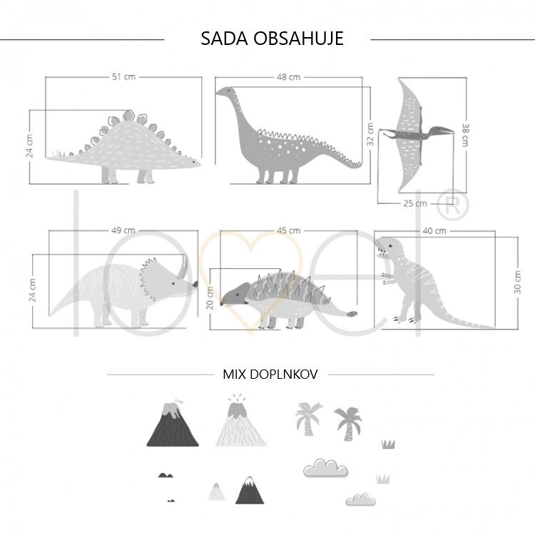 Zvieratá /  Nálepka na stenu Dino - dinosaury, sopky, oblaky a palmy DK292 