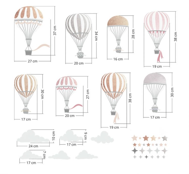 Balóny, šarkany /  Nálepka na stenu Fly - balóny, obláčiky a hviezdičky DK369 