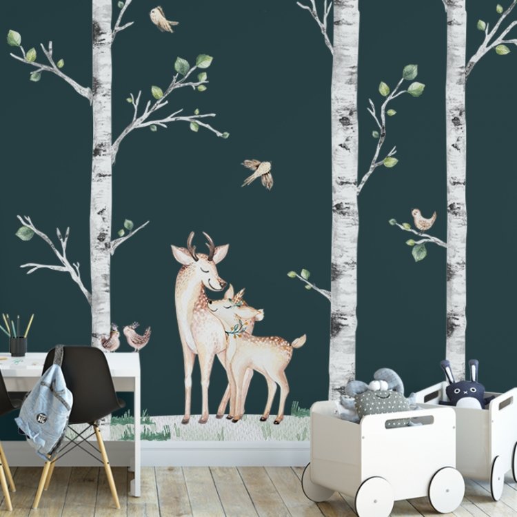 Forest - Lesný motív /  Nálepka na stenu Forest - brezy, pár jelenčekov, vtáčiky a tráva K03 