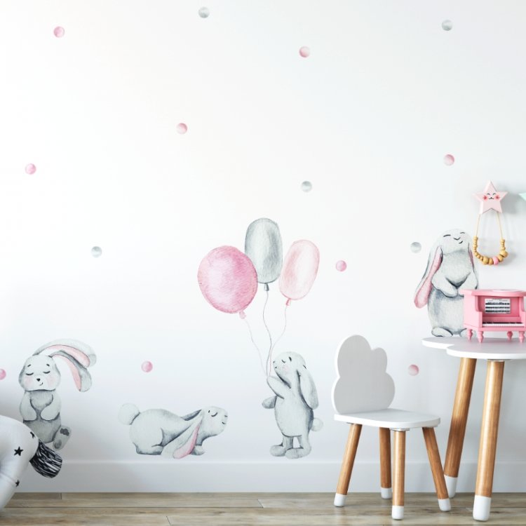 Pastelová kolekcia /  Nálepka na stenu Pastel - zajačiky a guličky DK290 - ružové 
