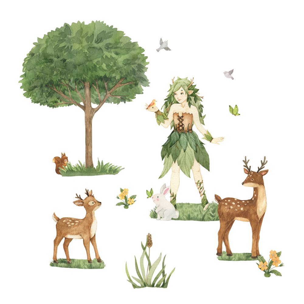 Forest - Lesný motív /  Nálepky na stenu Rozprávkový les DK457 - lesná žienka, zvieratká a stromy 