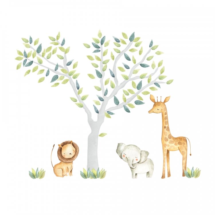 Safari /  Nálepka na stenu Safari - strom, žirafa, slon a lev DK300 