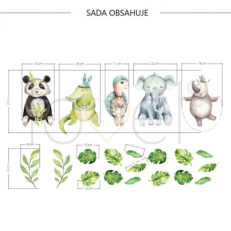 Safari /  Nálepka na stenu Safari - panda, krokodíl, korytnačka, slon a hroch DK293 