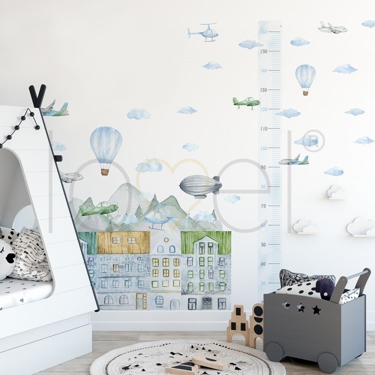 Ostatné /  Nálepka na stenu Travel - mesto, lietadlá, vzducholoď, vrtuľník, balón a oblaky DK358 
