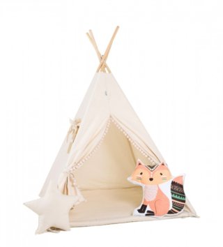 Detské stany, teepee /  Detský teepee stan Cream cloud pompom + podložka, dekoračné vankúšiky fox 