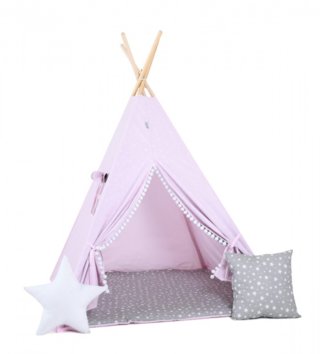 Detské stany, teepee /  Detský teepee stan Fialovo - šedý s hviezdičkami pompom + podložka, dekoračné vankúšiky 
