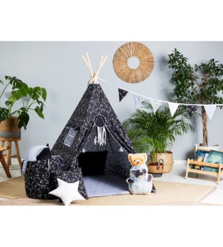 Detské stany, teepee /  Detský teepee stan Hviezdna noc + podložka, dekoračné vankúšiky moon 