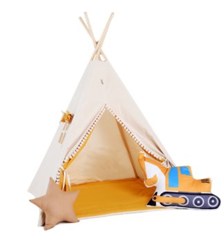 Detské stany, teepee /  Detský teepee stan Krémovo - horčicový pompom + podložka, dekoračné vankúšiky bager 