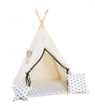 Detské stany, teepee /  Detský teepee stan Krémovy s hviezdičkami pompom + podložka, dekoračné vankúšiky 