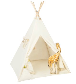 Detské stany, teepee /  Detský teepee stan Krémový so strapcami + podložka, dekoračné vankúšiky žirafa 