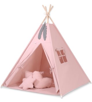 Detské stany, teepee /  Detský teepee stan púdrovo ružový + podložka, vankúšiky a dekorácia 