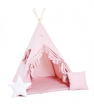 Detské stany, teepee /  Detský teepee stan Ružový s volánikom + podložka, dekoračné vankúšiky 