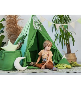 Detské stany, teepee /  Detský teepee stan Zelený + podložka, dekoračné vankúšiky leňochod 