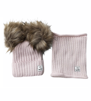 Čiapky, čelenky, šiltovky /  Komplet detská zimná čiapka + nákrčník - púdrovo ružový 