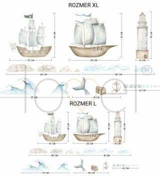 Oceán - Podmorský svet /  Nálepka na stenu Ocean - lode, maják, vlny, kotva a truhlica DK445 