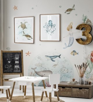 Oceán - Podmorský svet /  Nálepka na stenu Ocean - morské panny, ryby, korytnačka, hviezdica, kamene a rastliny DK443 