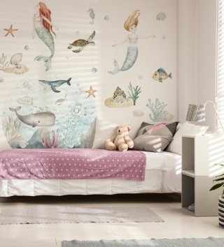 Oceán - Podmorský svet /  Nálepka na stenu Ocean - morské panny, ryby, korytnačka, hviezdica, kamene a rastliny DK443 