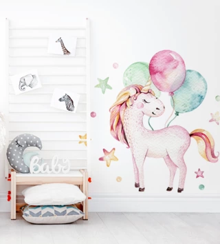 Zvieratá /  Nálepka na stenu Unicorn - jednorožec s balónmi, guličky a hviezdičky DK270 