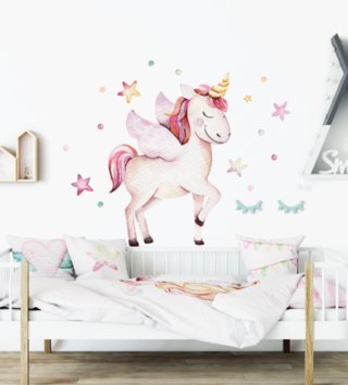 Zvieratá /  Nálepka na stenu Unicorn - jednorožec, hviezdičky a guličky DK268 