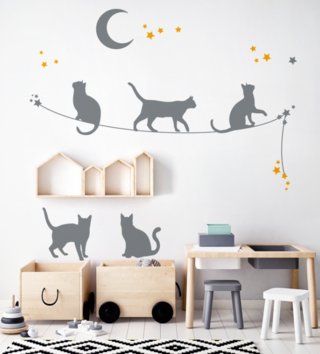 Zvieratá /  Nálepka na stenu Animals - mačičky na lane Z064 