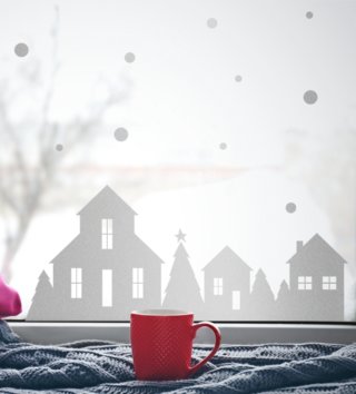 Vianoce /  Nálepka na stenu Christmas - domčeky, stromčeky, jelenček a guličky SW022 
