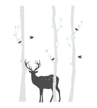 Príroda, kvety, stromy /  Nálepka na stenu Deer - stromy, jelenček a vtáčiky HD037 