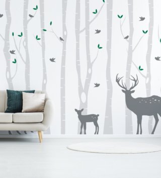 Forest - Lesný motív /  Nálepka na stenu Deer - stromy, jelenčeky a vtáčiky HD036 