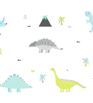 Zvieratá /  Nálepka na stenu Dino - dinosaury, sopky, oblaky a palmy DK291 