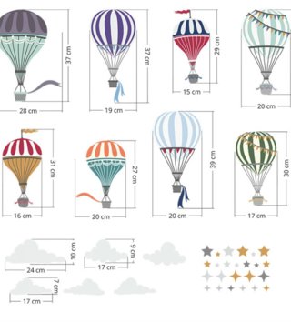 Balóny, šarkany /  Nálepka na stenu Fly - balóny, obláčiky a hviezdičky DK371 