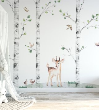 Forest - Lesný motív /  Nálepka na stenu Forest - brezy, jelenček, vtáčiky a tráva K02 
