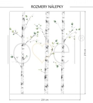 Forest - Lesný motív /  Nálepka na stenu Forest - brezy, jelenček, pár jelenčekov, vtáčiky a tráva K01 