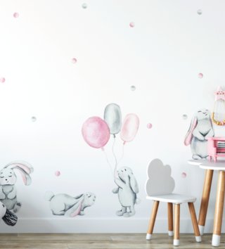Pastelová kolekcia /  Nálepka na stenu Pastel - zajačiky a guličky DK290 - ružové 