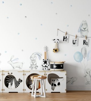 Pastelová kolekcia /  Nálepka na stenu Pastel - zajačiky a guličky DK393 - modré 