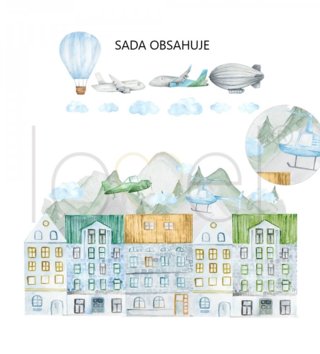 Ostatné /  Nálepka na stenu Travel - mesto, lietadlá, vzducholoď, vrtuľník, balón a oblaky DK358 