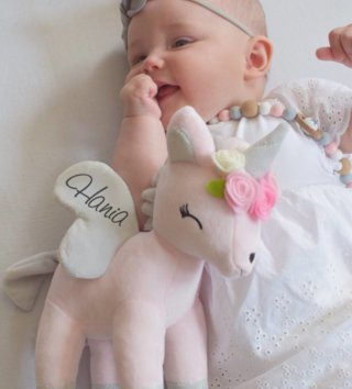 Plyšové hračky /  Plyšová hračka Jednorožec ružovo - šedý s kvietkami M 