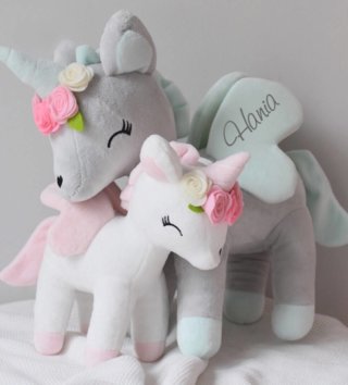 Plyšové hračky /  Plyšová hračka Jednorožec šedo - mintový s kvietkami L 