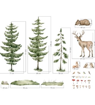 Forest - Lesný motív /  Sada nálepky na stenu Forest DK470 - les a zvieratká 32 častí 